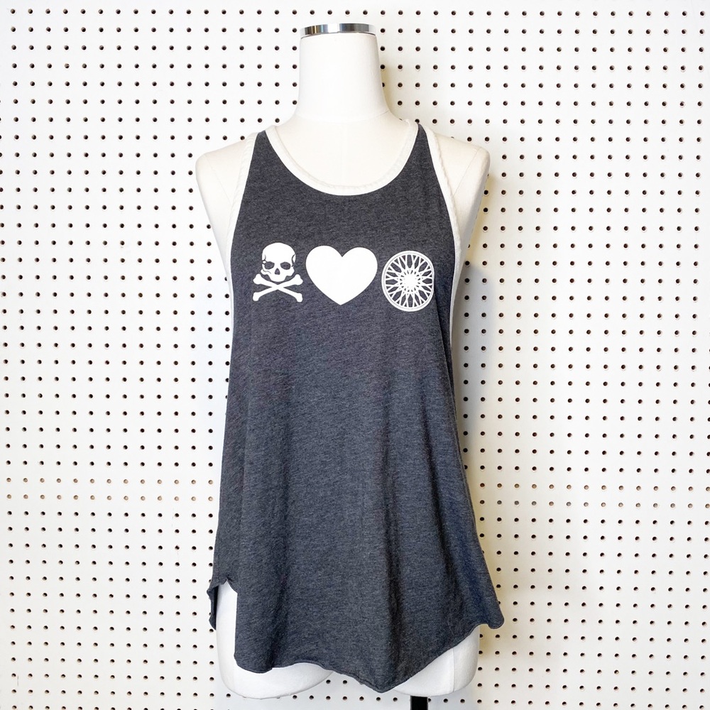 Soulcycle | Racerback Muscle Tank, Skull Heart‎ Wheel Graphics Sz. S
